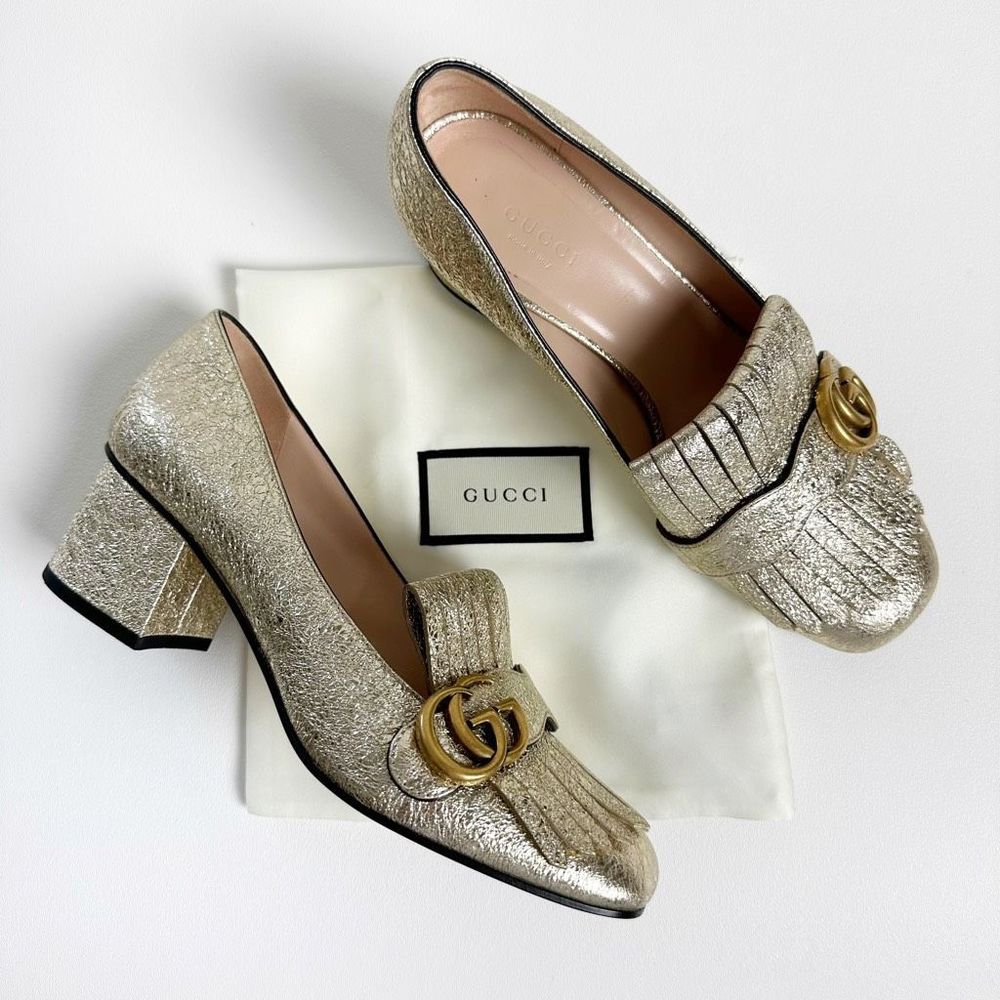 GUCCI Marmont Gold Mid Heel Loafer 39 US 8.5 Kiltie Fringe Metallic GG Logo